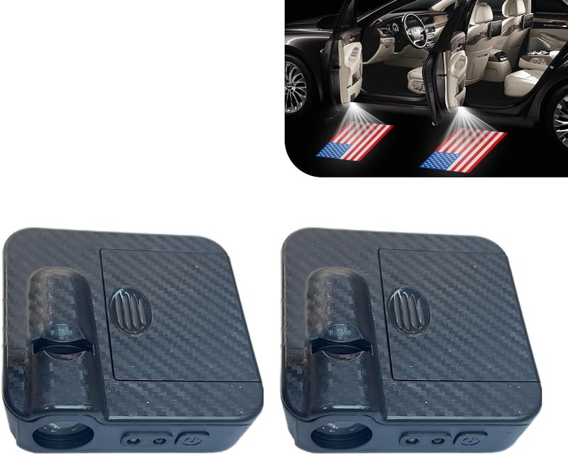 CyperFair 2 PCS American Flag Car Door Lights Pattern Projector, Carbon Fiber Pattern ABS Housing LED Welcome Light, Distance & Light Dual Infrared Sensing Decoration Accessories (Multicolored) - Image 1
